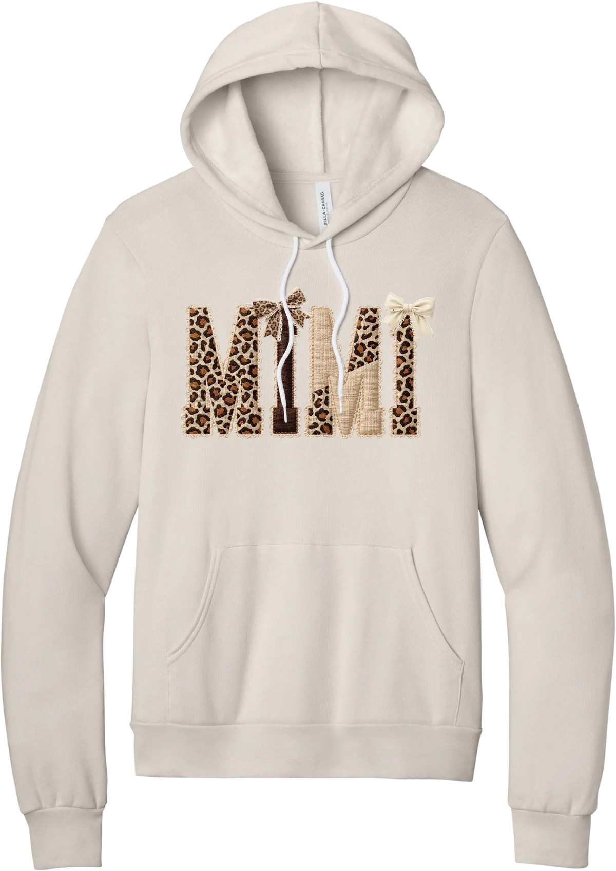 Grandma Leopard Applique hoodie in Heather Dust, featuring MIMI spelled out in leopard, cream, and chocolate patches with a scalloped stitched applique look and two bows
