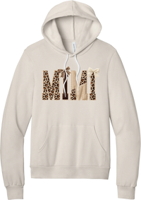 Grandma Leopard Applique hoodie in Heather Dust, featuring MIMI spelled out in leopard, cream, and chocolate patches with a scalloped stitched applique look and two bows