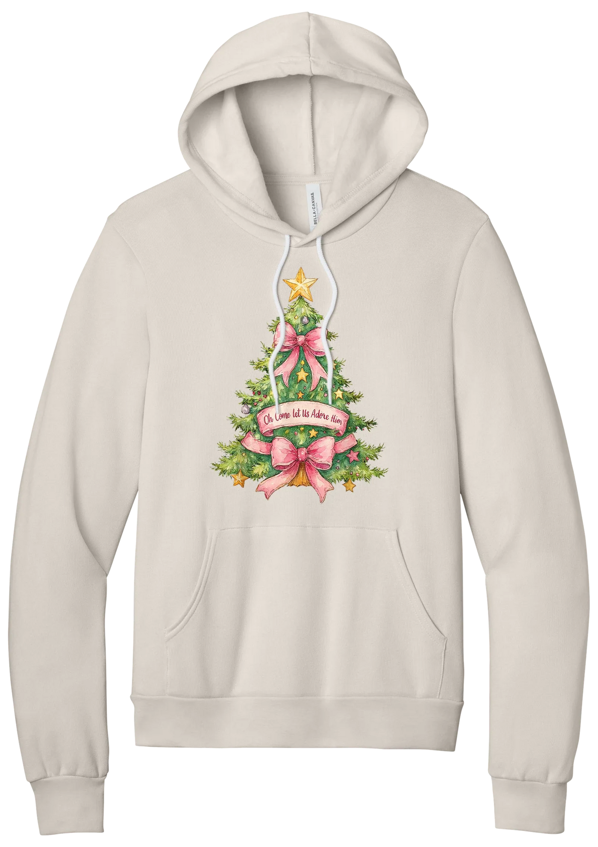 Adore Him Bow Tree hoodie in Heather Dust, featuring a green Christmas tree with pink bows, a gold star, and an Oh Come Let Us Adore Him banner