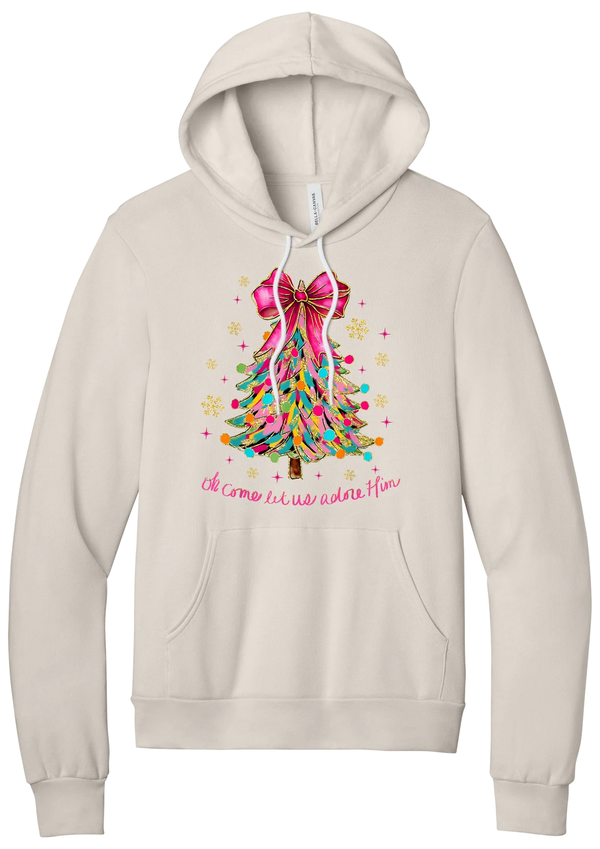 Adore Him Ribbon Tree hoodie in Heather Dust, featuring a colorful ribbon Christmas tree with a pink bow over Oh Come Let Us Adore Him script