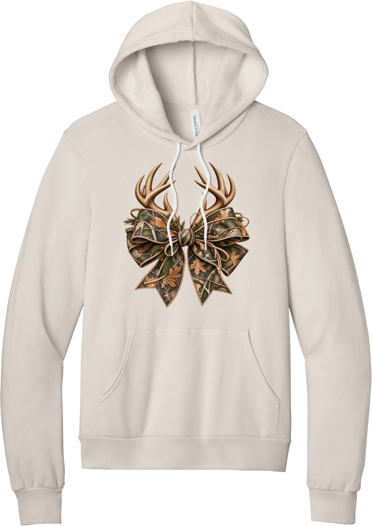 Coquette Antlers hoodie in Heather Dust, featuring deer antlers tied with an oversized camo bow, twine, and autumn leaves