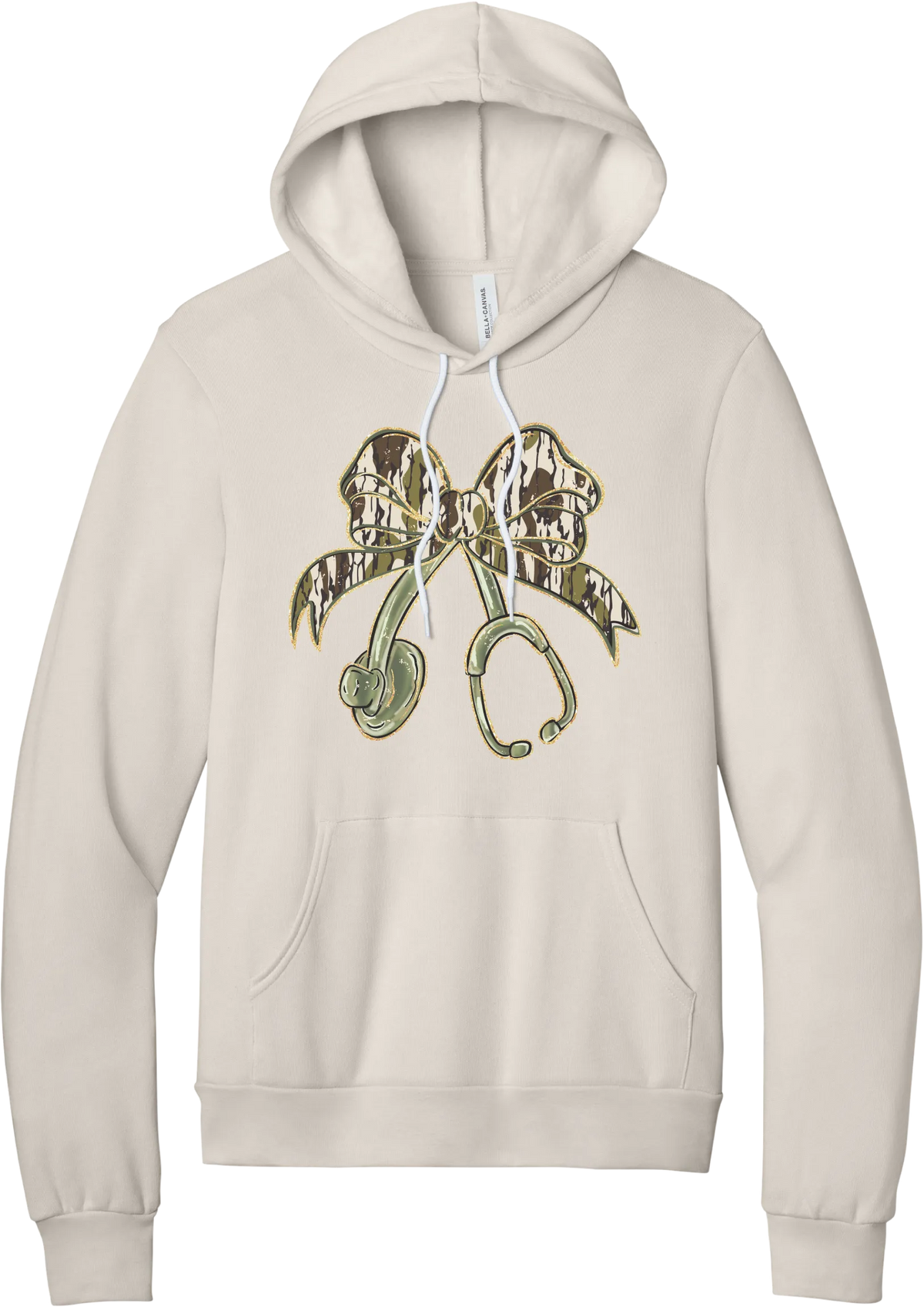 Camo Bow Stethoscope hoodie in Heather Dust, featuring a glittery camo print coquette bow tied to a sage green stethoscope