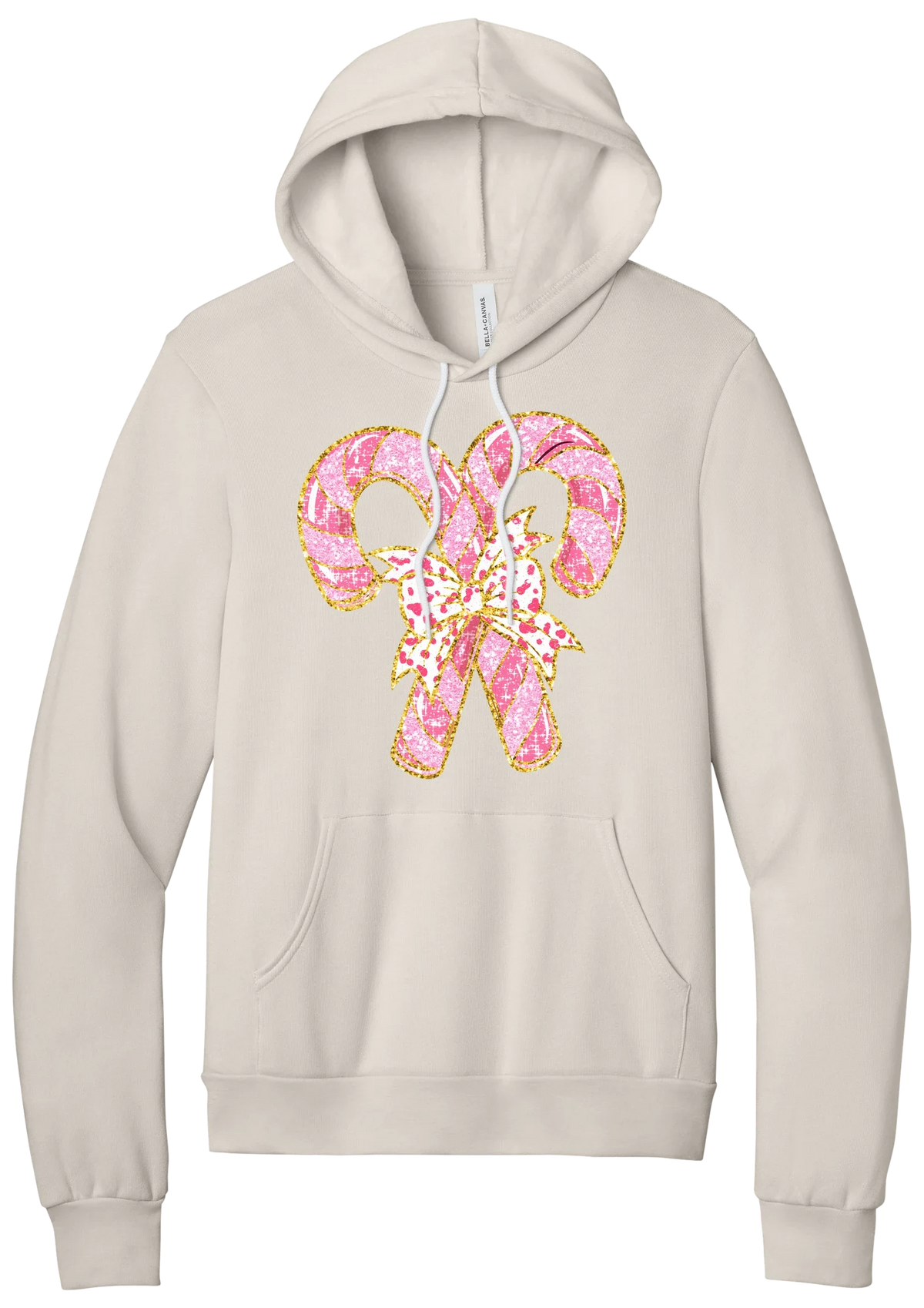 Candy Cane Bow hoodie in Heather Dust, featuring two pink glitter candy canes tied with a leopard heart bow and gold trim