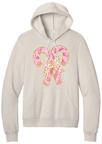 Candy Cane Bow hoodie in Heather Dust, featuring two pink glitter candy canes tied with a leopard heart bow and gold trim