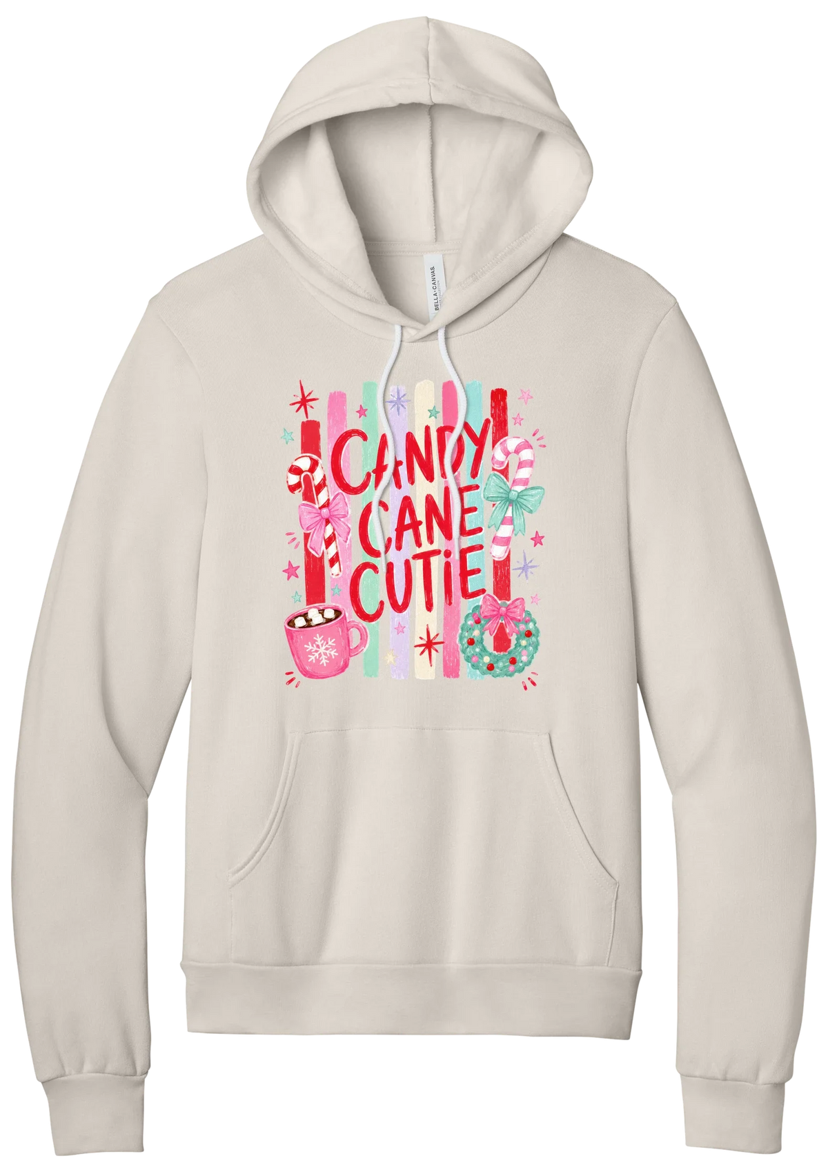 Candy Cane Cutie hoodie in Heather Dust, featuring red CANDY CANE CUTIE letters on pastel stripes with candy canes, cocoa, and bows