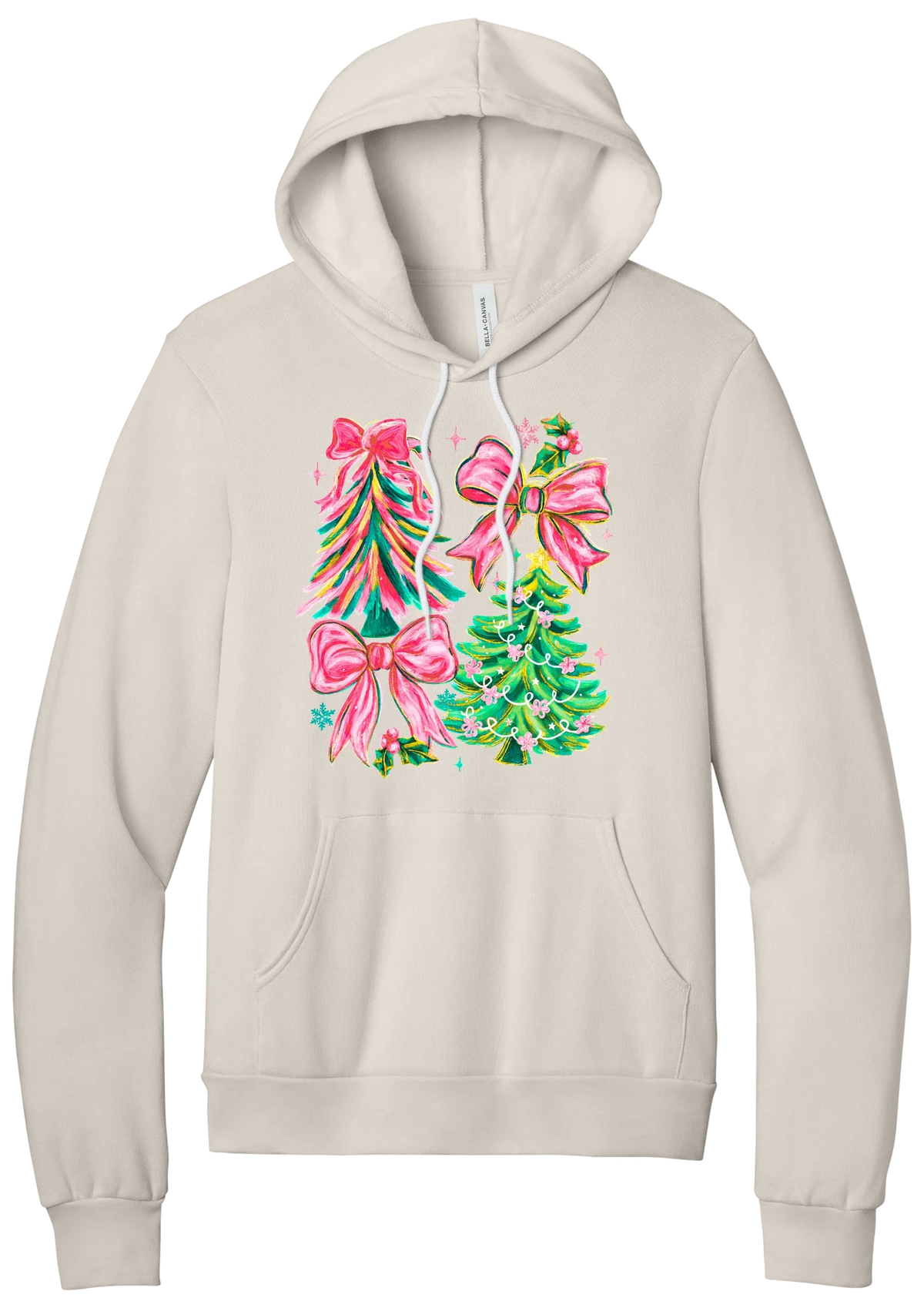 Christmas Tree Bows hoodie in Heather Dust, featuring painted pink and green Christmas trees with big pink satin bows