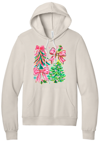 Christmas Tree Bows hoodie in Heather Dust, featuring painted pink and green Christmas trees with big pink satin bows