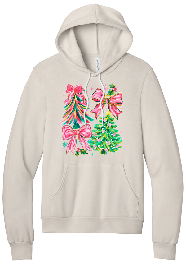 Christmas Tree Bows hoodie in Heather Dust, featuring painted pink and green Christmas trees with big pink satin bows