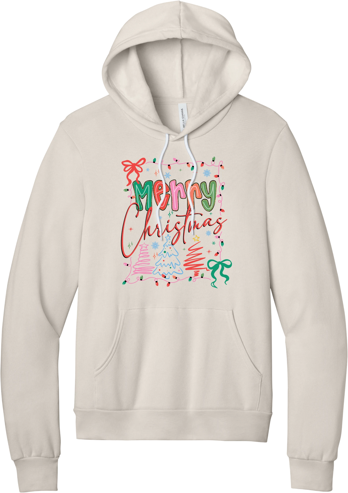Coquette Merry Christmas Outline hoodie in Heather Dust, featuring Merry Christmas bubble letters and script framed by string lights, coquette bows, and sketched Christmas trees
