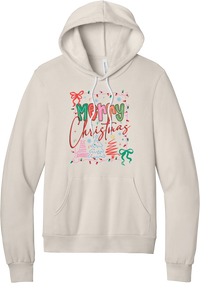 Coquette Merry Christmas Outline hoodie in Heather Dust, featuring Merry Christmas bubble letters and script framed by string lights, coquette bows, and sketched Christmas trees