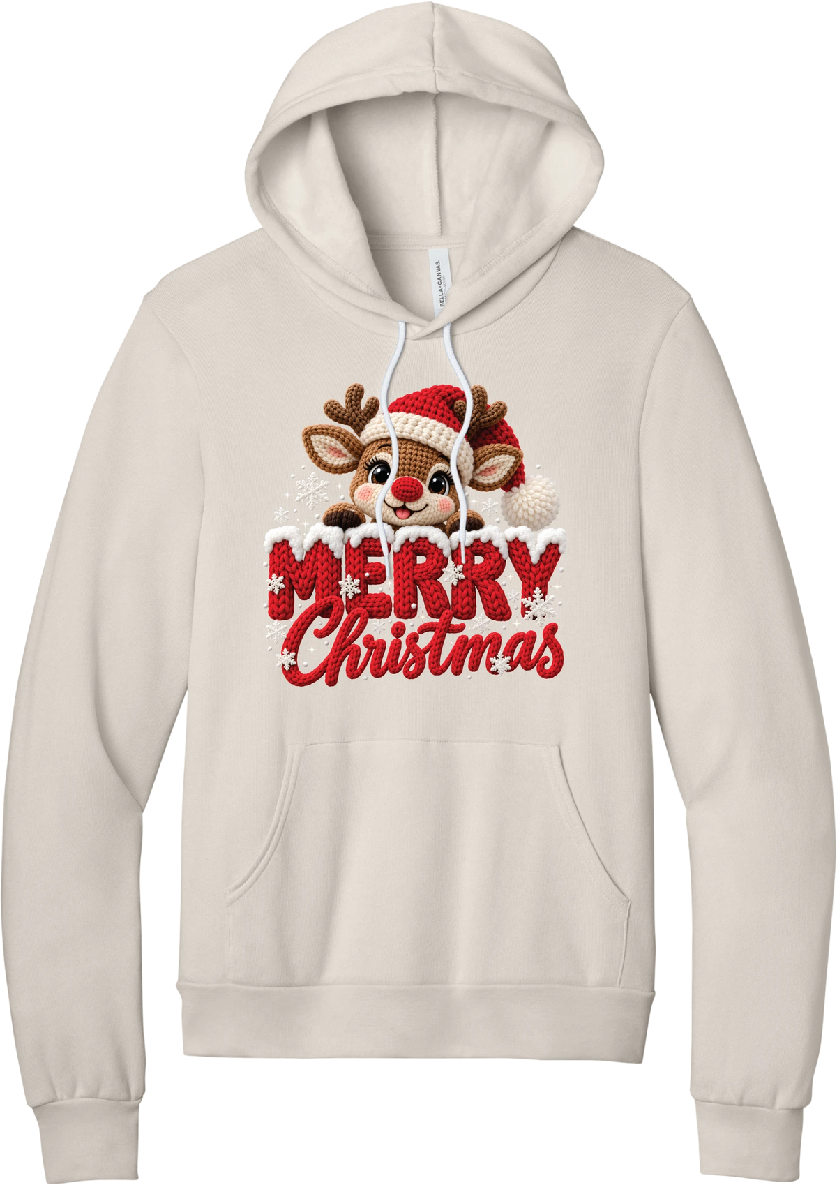 Crocheted Rudolph Merry Christmas hoodie in Heather Dust, featuring a crochet-style reindeer in a Santa hat peeking over knit-texture Merry Christmas lettering with snowflakes