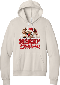 Crocheted Rudolph Merry Christmas hoodie in Heather Dust, featuring a crochet-style reindeer in a Santa hat peeking over knit-texture Merry Christmas lettering with snowflakes