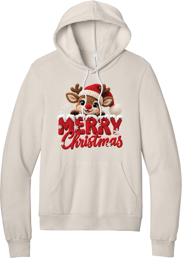 Crocheted Rudolph Merry Christmas hoodie in Heather Dust, featuring a crochet-style reindeer in a Santa hat peeking over knit-texture Merry Christmas lettering with snowflakes