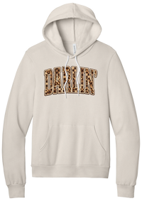 Darlin' hoodie, Leopard Checker design, in Heather Dust, featuring arched varsity DARLIN' letters filled with leopard and checker print