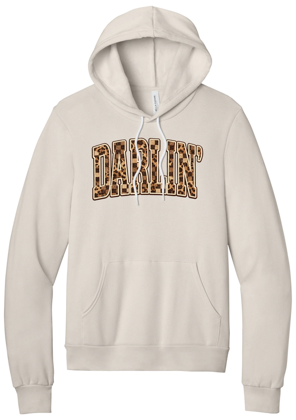 Darlin' hoodie, Leopard Checker design, in Heather Dust, featuring arched varsity DARLIN' letters filled with leopard and checker print