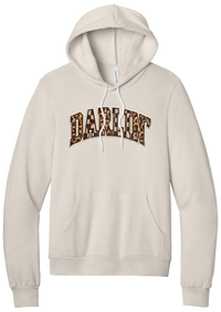 Darlin' hoodie, Patchwork design, in Heather Dust, featuring arched varsity DARLIN' letters filled with leopard and checker print