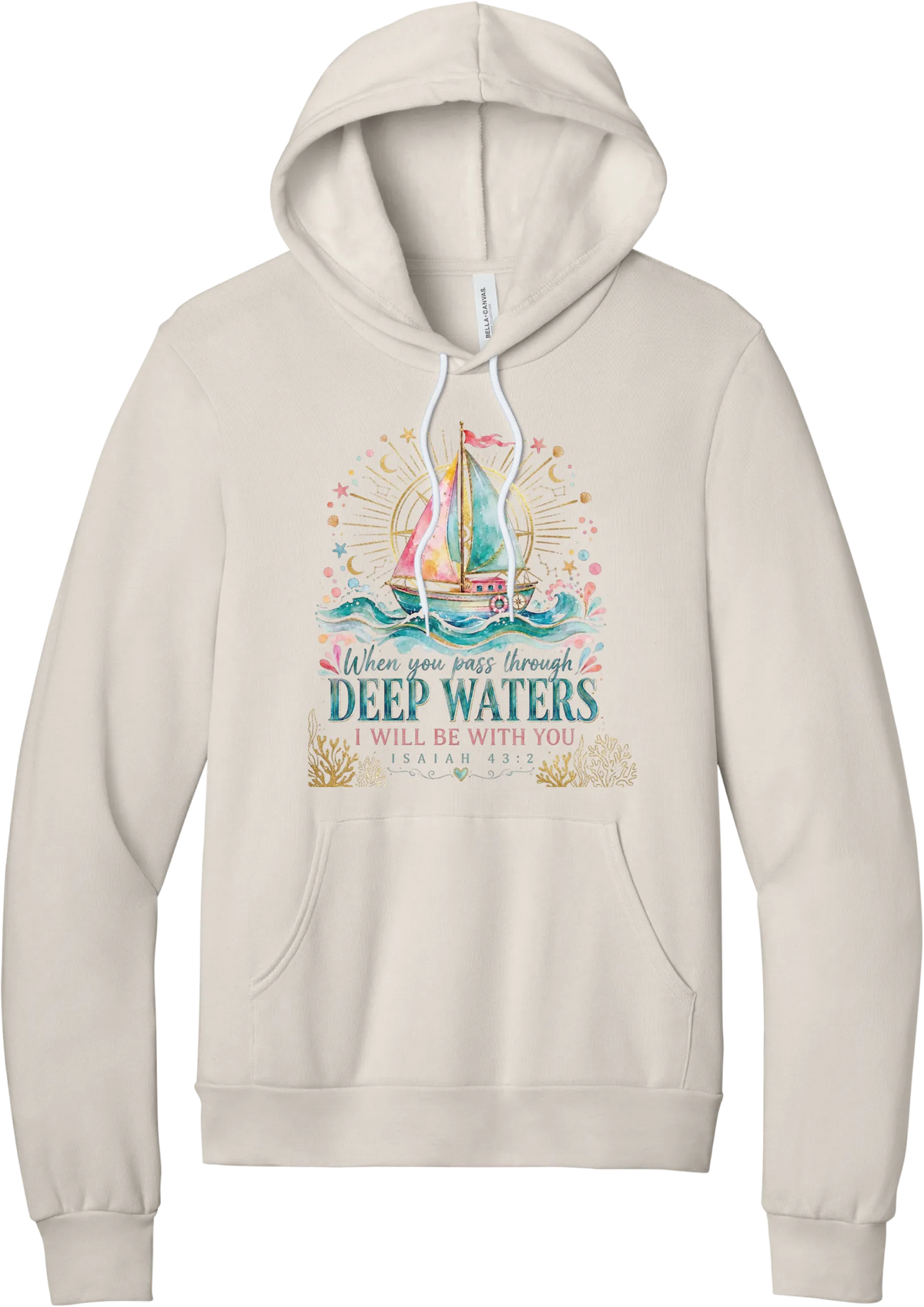 Deep Waters hoodie in Heather Dust, featuring a watercolor sailboat on sparkling waves with When You Pass Through Deep Waters I Will Be With You lettering and Isaiah 43:2