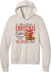 Farm Fresh Christmas Cookies hoodie in Heather Dust, featuring a vintage farmhouse bakery sign with a stack of Christmas cookies tied in a red bow, a dried orange slice, and red and black lettering