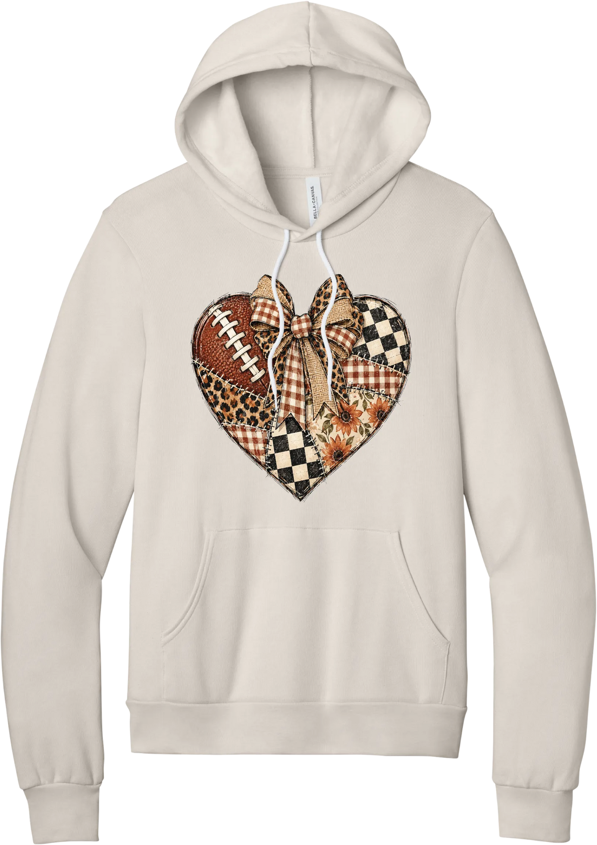 For the Love of Football hoodie in Heather Dust, featuring a patchwork heart in leopard, plaid, and checkerboard with a football and a cream bow