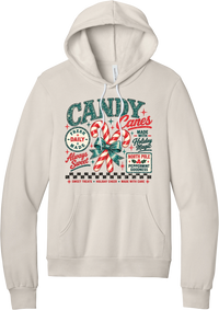 Fresh Candy Canes hoodie in Heather Dust, featuring vintage candy shop lettering with two striped candy canes tied in a green bow, a North Pole Peppermint Goodness sign, and a checkerboard stripe