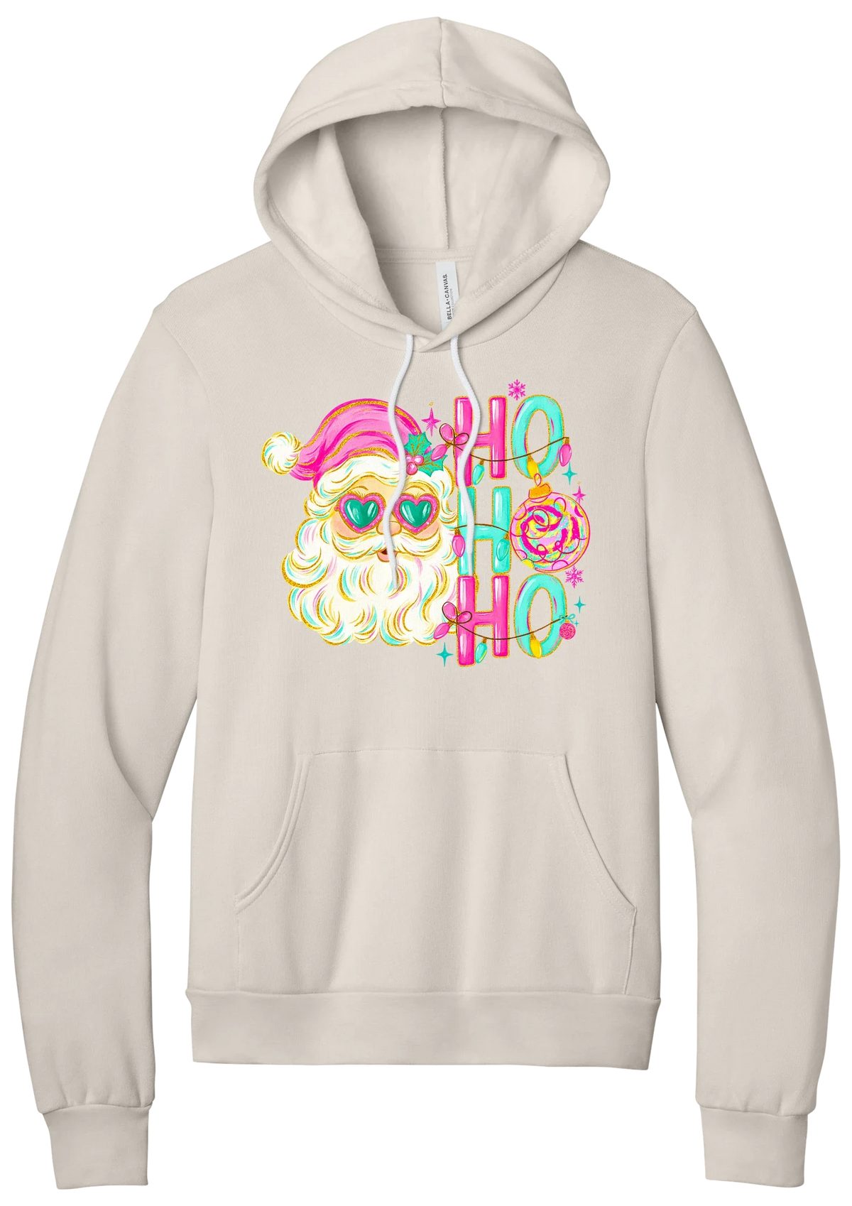 Ho Ho Ho Santa Portrait hoodie in Heather Dust, featuring a pink-hatted Santa in teal heart sunglasses with stacked HO HO HO letters