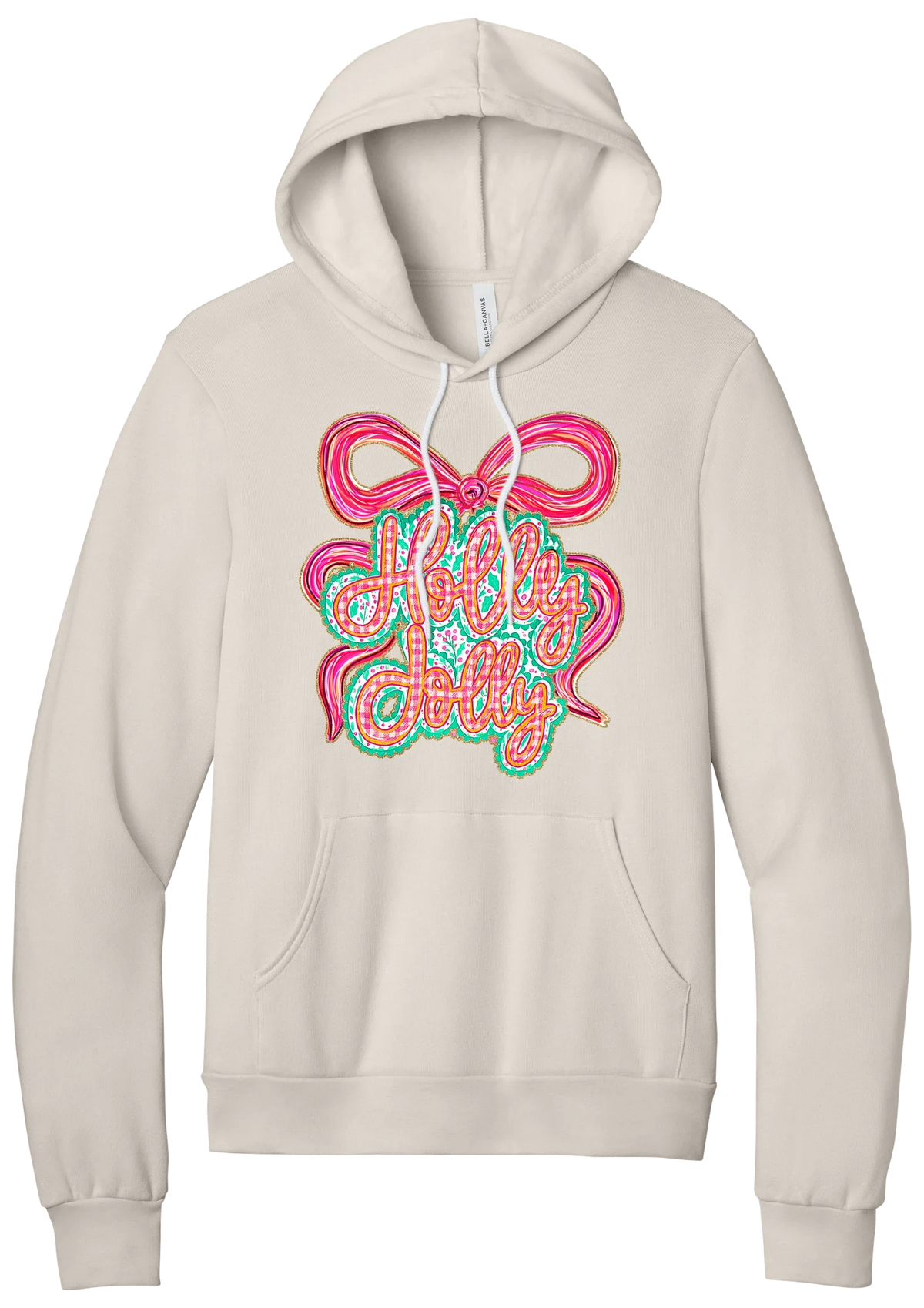 Holly Jolly Bow Script hoodie in Heather Dust, featuring pink gingham Holly Jolly script on a teal badge framed by a big pink bow