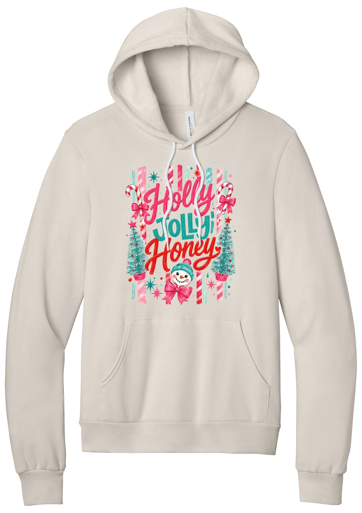 Holly Jolly Honey hoodie in Heather Dust, featuring red and teal Holly Jolly Honey script with candy cane stripes, bottle brush trees, and a snowman