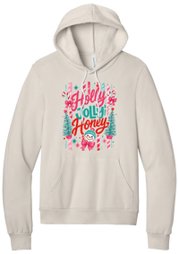 Holly Jolly Honey hoodie in Heather Dust, featuring red and teal Holly Jolly Honey script with candy cane stripes, bottle brush trees, and a snowman