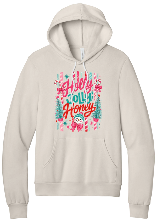 Holly Jolly Honey hoodie in Heather Dust, featuring red and teal Holly Jolly Honey script with candy cane stripes, bottle brush trees, and a snowman