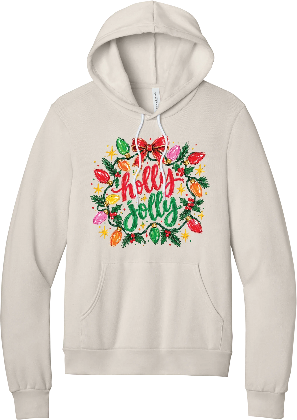 Holly Jolly Christmas Lights hoodie in Heather Dust, featuring hand-lettered holly jolly script framed by vintage Christmas bulb lights, pine, holly berries, and a red bow