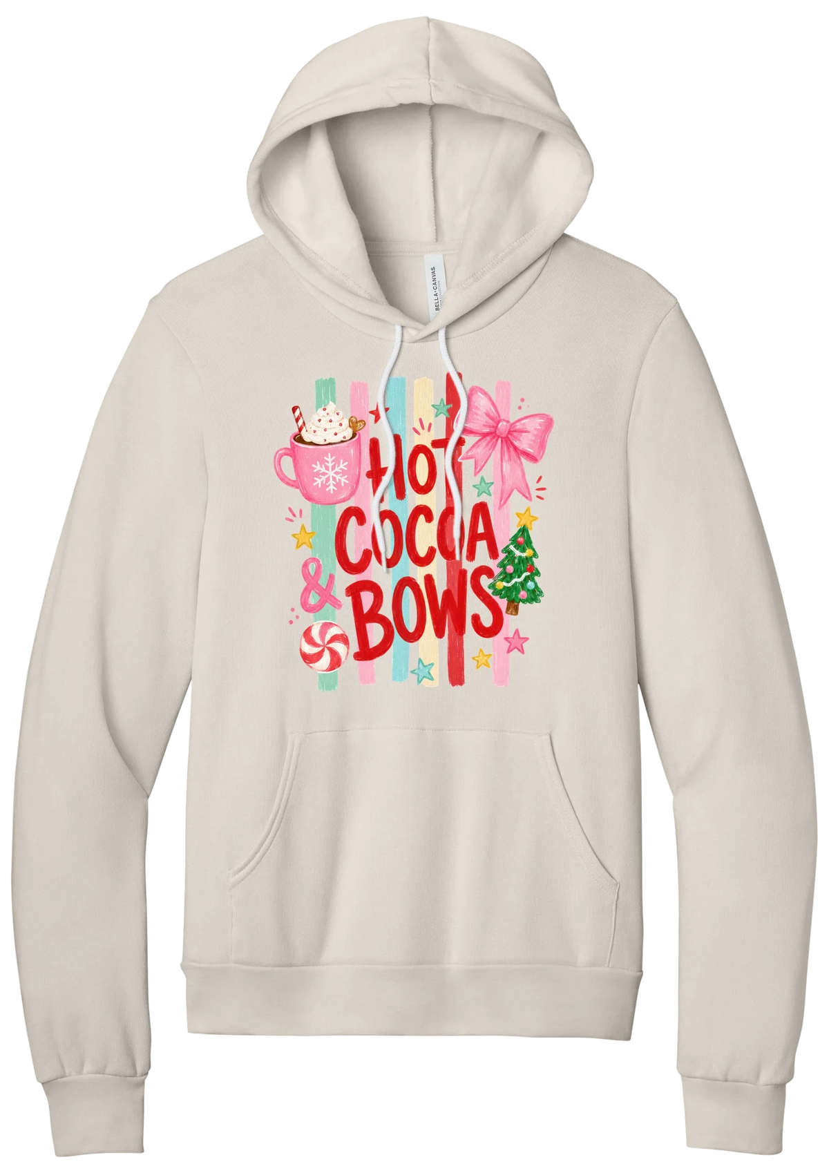 Hot Cocoa and Bows hoodie in Heather Dust, featuring red HOT COCOA and BOWS letters on pastel stripes with a cocoa mug and a pink bow