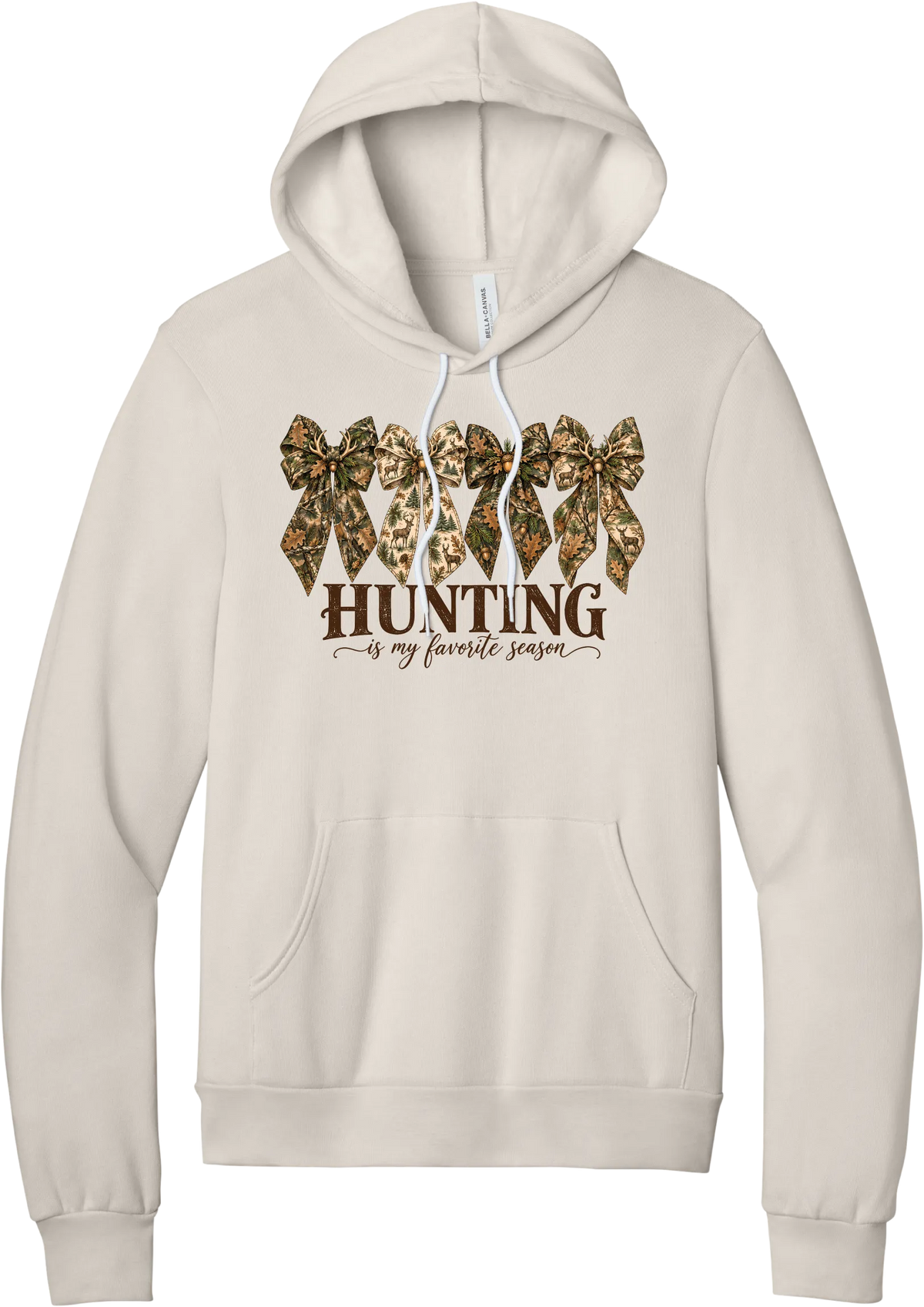 Hunting Is My Favorite Season hoodie in Heather Dust, featuring four camo coquette bows with antlers, acorns, and deer above Hunting Is My Favorite Season lettering