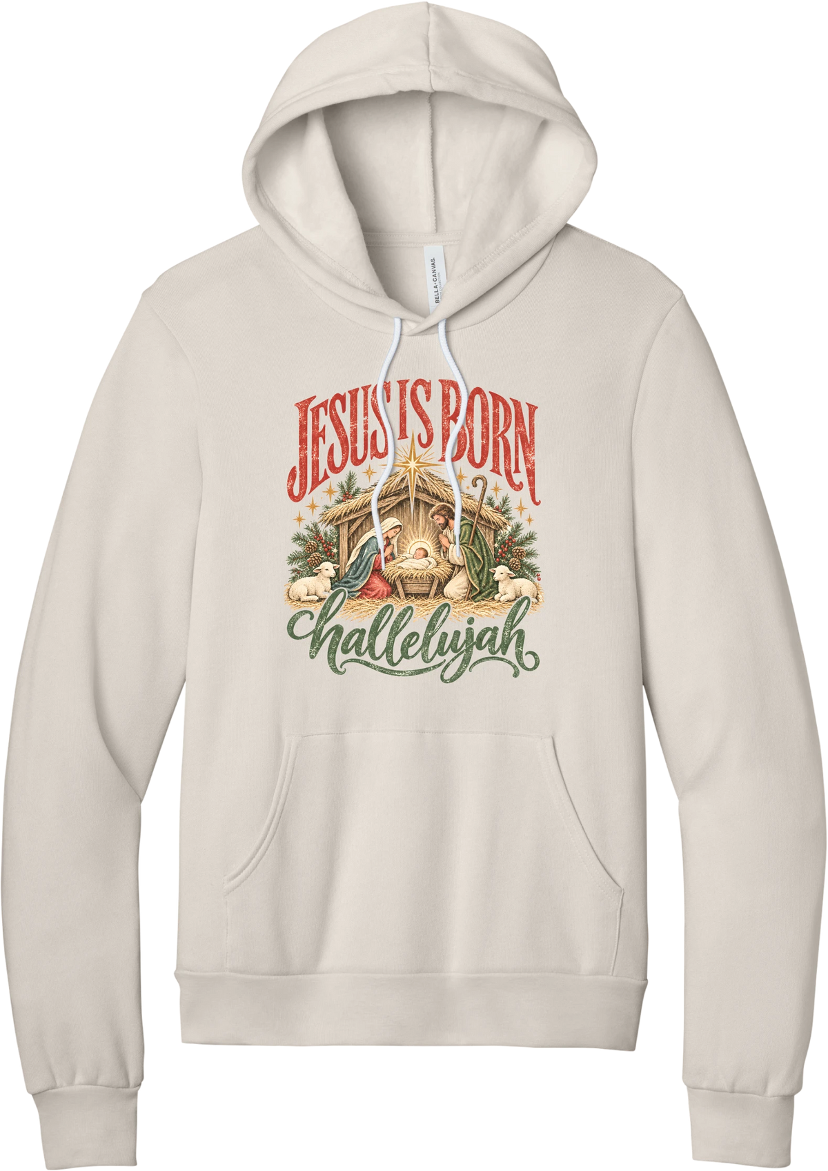 Jesus Is Born Hallelujah hoodie in Heather Dust, featuring a vintage nativity scene under a golden star with Jesus Is Born lettering and Hallelujah script