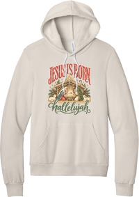 Jesus Is Born Hallelujah hoodie in Heather Dust, featuring a vintage nativity scene under a golden star with Jesus Is Born lettering and Hallelujah script
