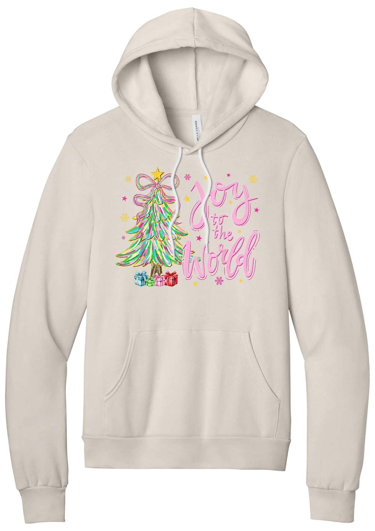 Joy to the World Pastel Tree hoodie in Heather Dust, featuring a pastel tinsel tree with a bow beside Joy to the World pink script
