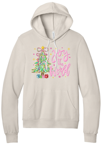 Joy to the World Pastel Tree hoodie in Heather Dust, featuring a pastel tinsel tree with a bow beside Joy to the World pink script
