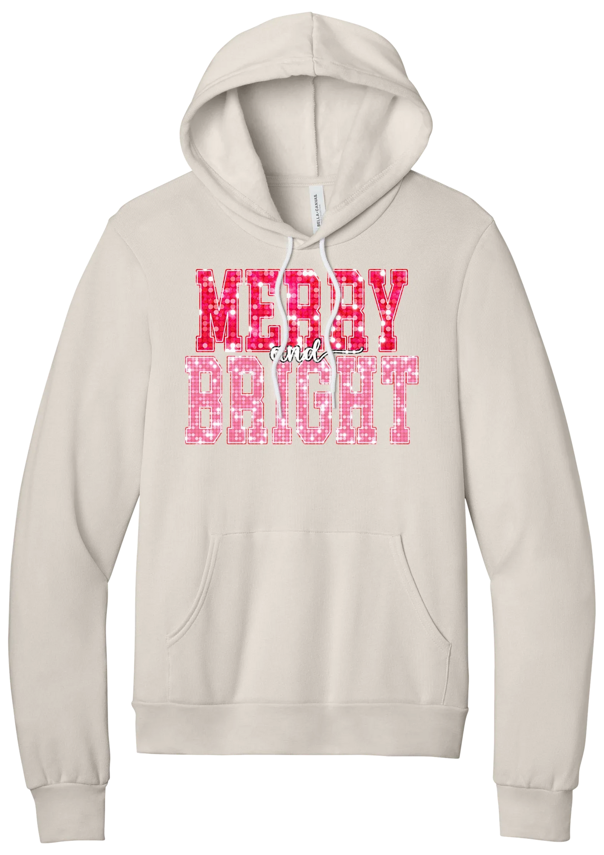 Merry and Bright Sequin hoodie in Heather Dust, featuring varsity MERRY and BRIGHT letters with a pink and red sequin look