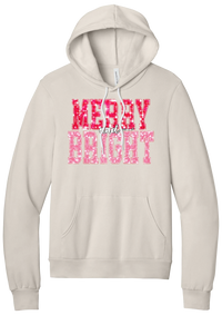 Merry and Bright Sequin hoodie in Heather Dust, featuring varsity MERRY and BRIGHT letters with a pink and red sequin look