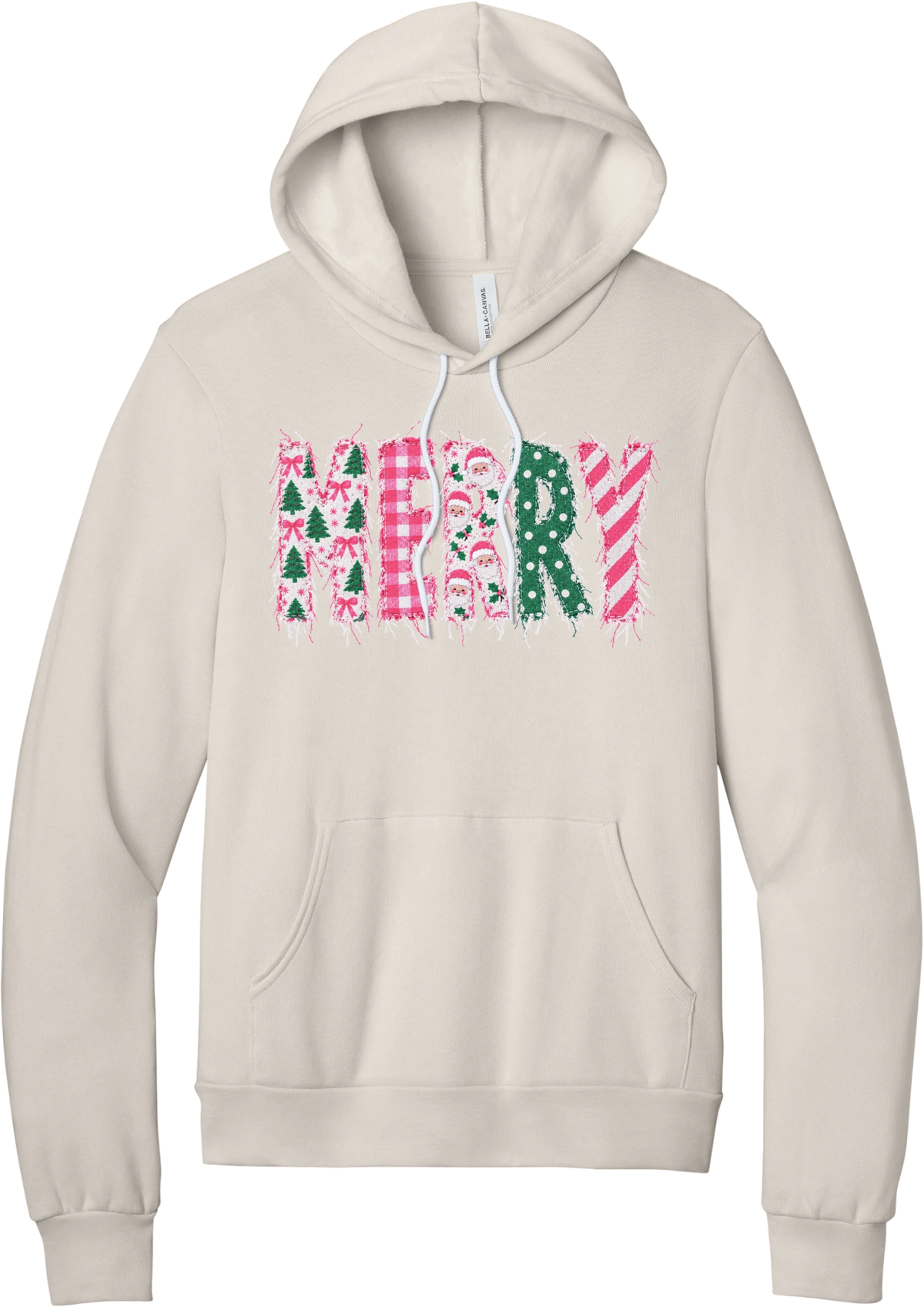 Merry Preppy Applique hoodie in Heather Dust, featuring faux applique MERRY letters in pink and green patchwork patterns with trees, gingham, Santas, polka dots, and candy cane stripes