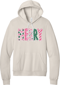 Merry Preppy Applique hoodie in Heather Dust, featuring faux applique MERRY letters in pink and green patchwork patterns with trees, gingham, Santas, polka dots, and candy cane stripes