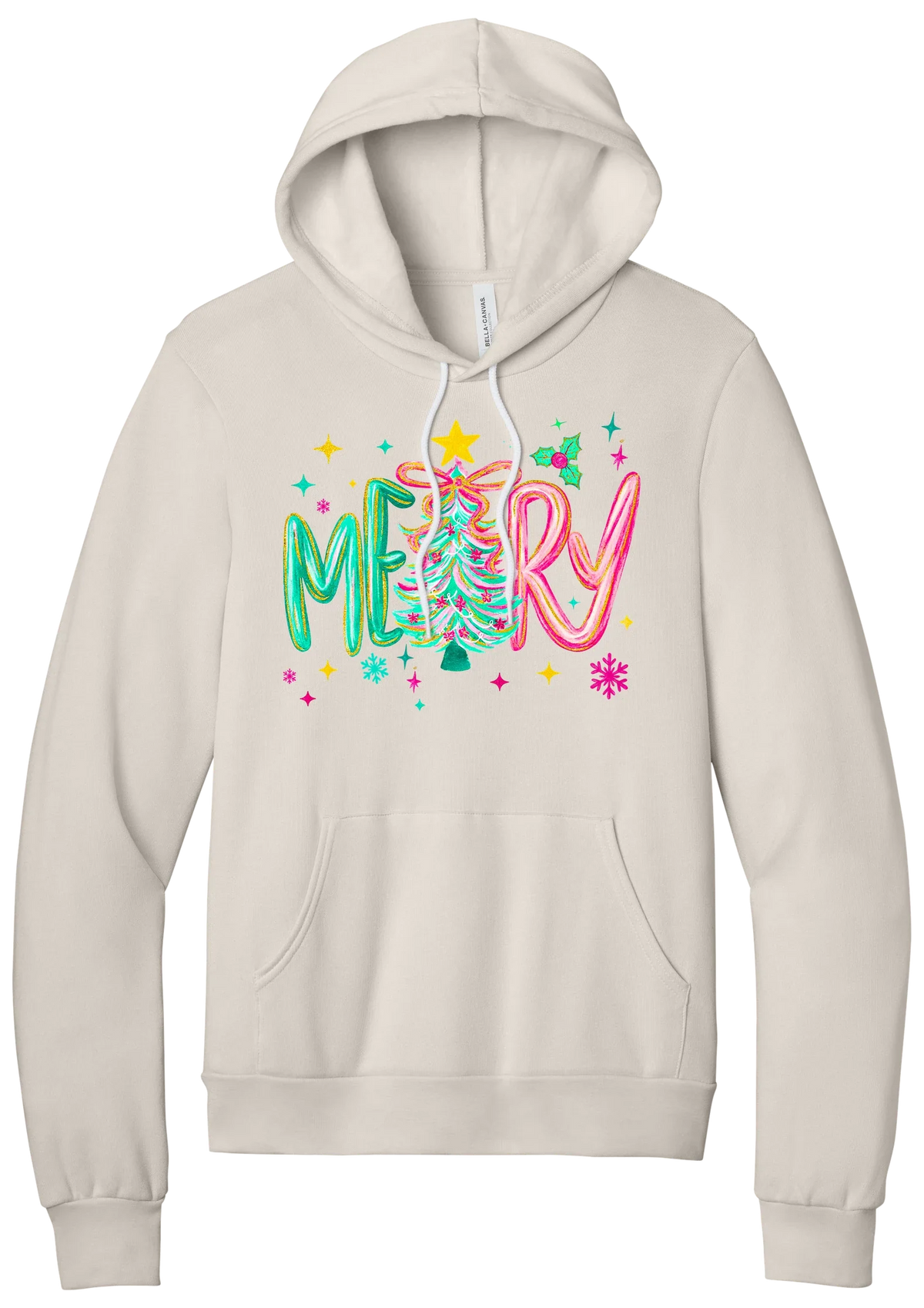 Merry Tinsel Tree hoodie in Heather Dust, featuring puffy teal and pink MERRY letters around a tinsel Christmas tree with a gold star