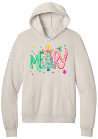 Merry Tinsel Tree hoodie in Heather Dust, featuring puffy teal and pink MERRY letters around a tinsel Christmas tree with a gold star