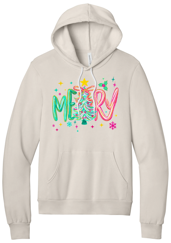 Merry Tinsel Tree hoodie in Heather Dust, featuring puffy teal and pink MERRY letters around a tinsel Christmas tree with a gold star