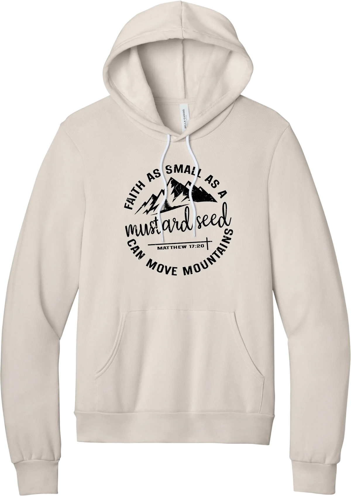 Mustard Seed Faith hoodie in Heather Dust, featuring a circle badge of mountains and a cross with Faith as Small as a Mustard Seed Can Move Mountains lettering and Matthew 17:20