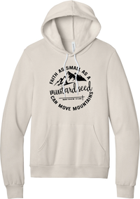 Mustard Seed Faith hoodie in Heather Dust, featuring a circle badge of mountains and a cross with Faith as Small as a Mustard Seed Can Move Mountains lettering and Matthew 17:20