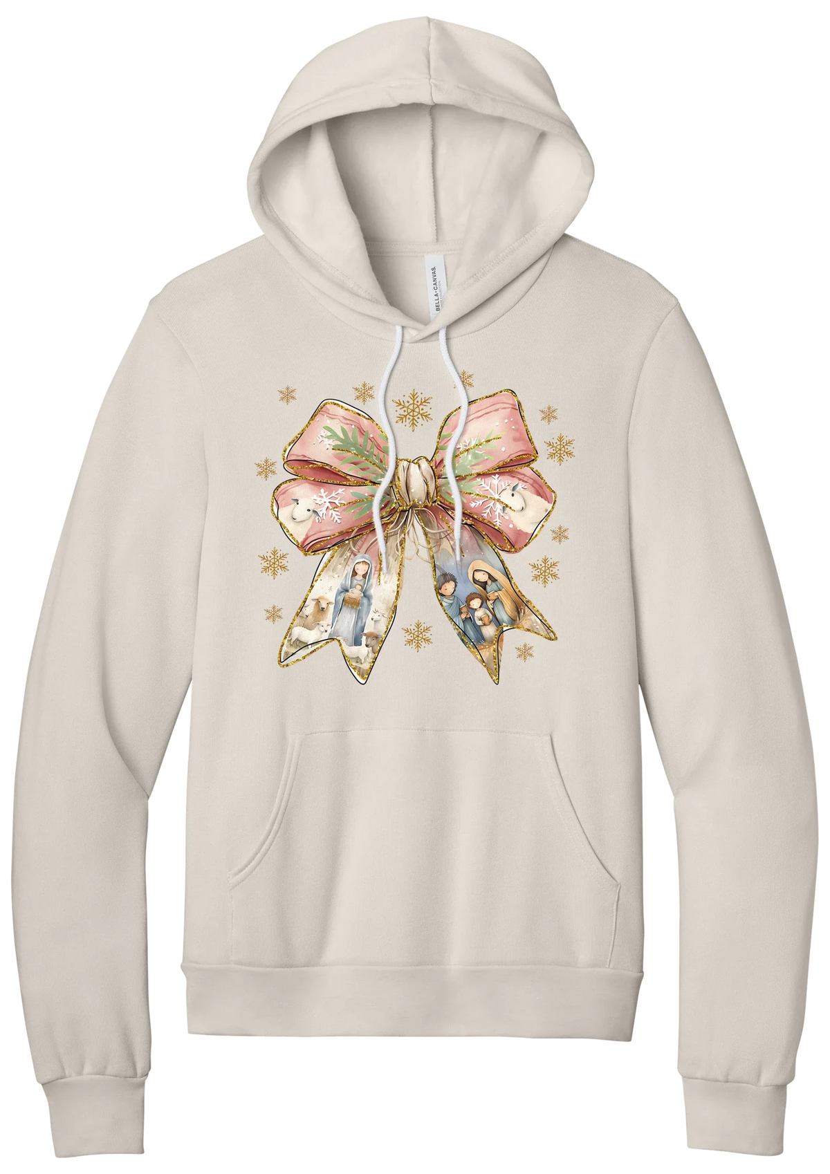 Nativity Bow hoodie in Heather Dust, featuring a blush satin bow with painted nativity scenes in its ribbons and gold snowflakes