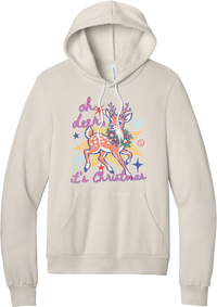 Oh Deer Retro hoodie in Heather Dust, featuring a retro spotted fawn with a holly wreath, pastel stars, and Oh Deer It's Christmas script
