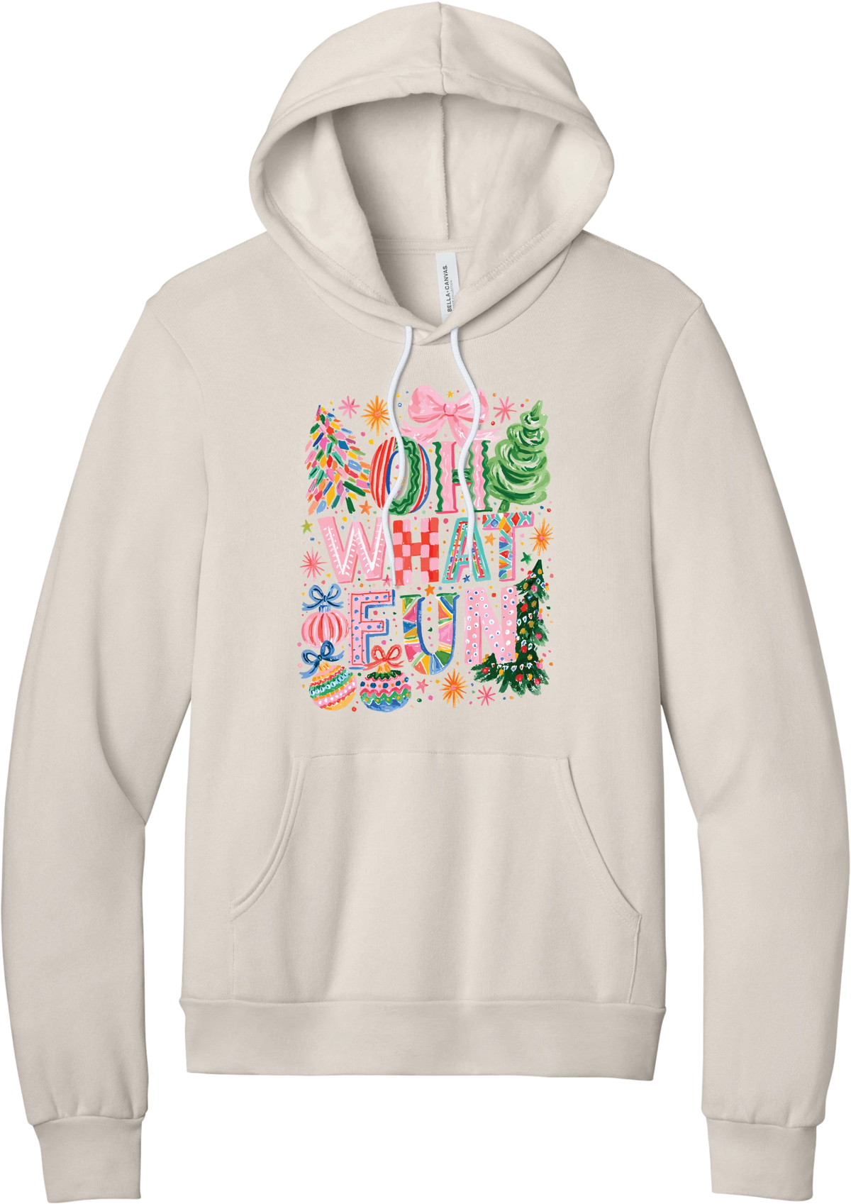 Oh What Fun hoodie in Heather Dust, featuring hand-painted Oh What Fun letters with pink bows, whimsical Christmas trees, and ornaments