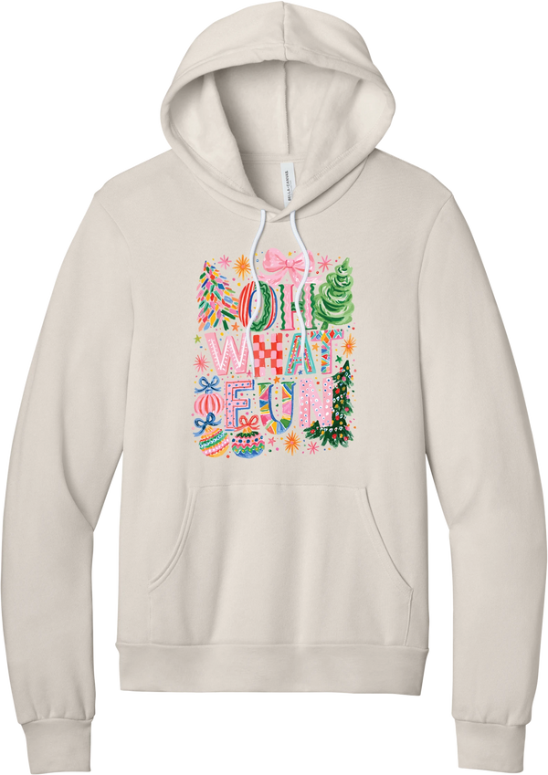 Oh What Fun hoodie in Heather Dust, featuring hand-painted Oh What Fun letters with pink bows, whimsical Christmas trees, and ornaments