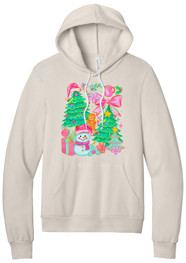 Preppy Christmas Doodle hoodie in Heather Dust, featuring a doodle collage of Christmas trees, a snowman, a gingerbread man, gifts, and pink bows